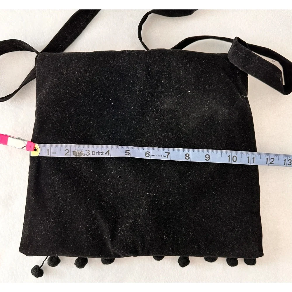 Black Crush Velvet Colorful  Front Embroidered Long Strap Purse